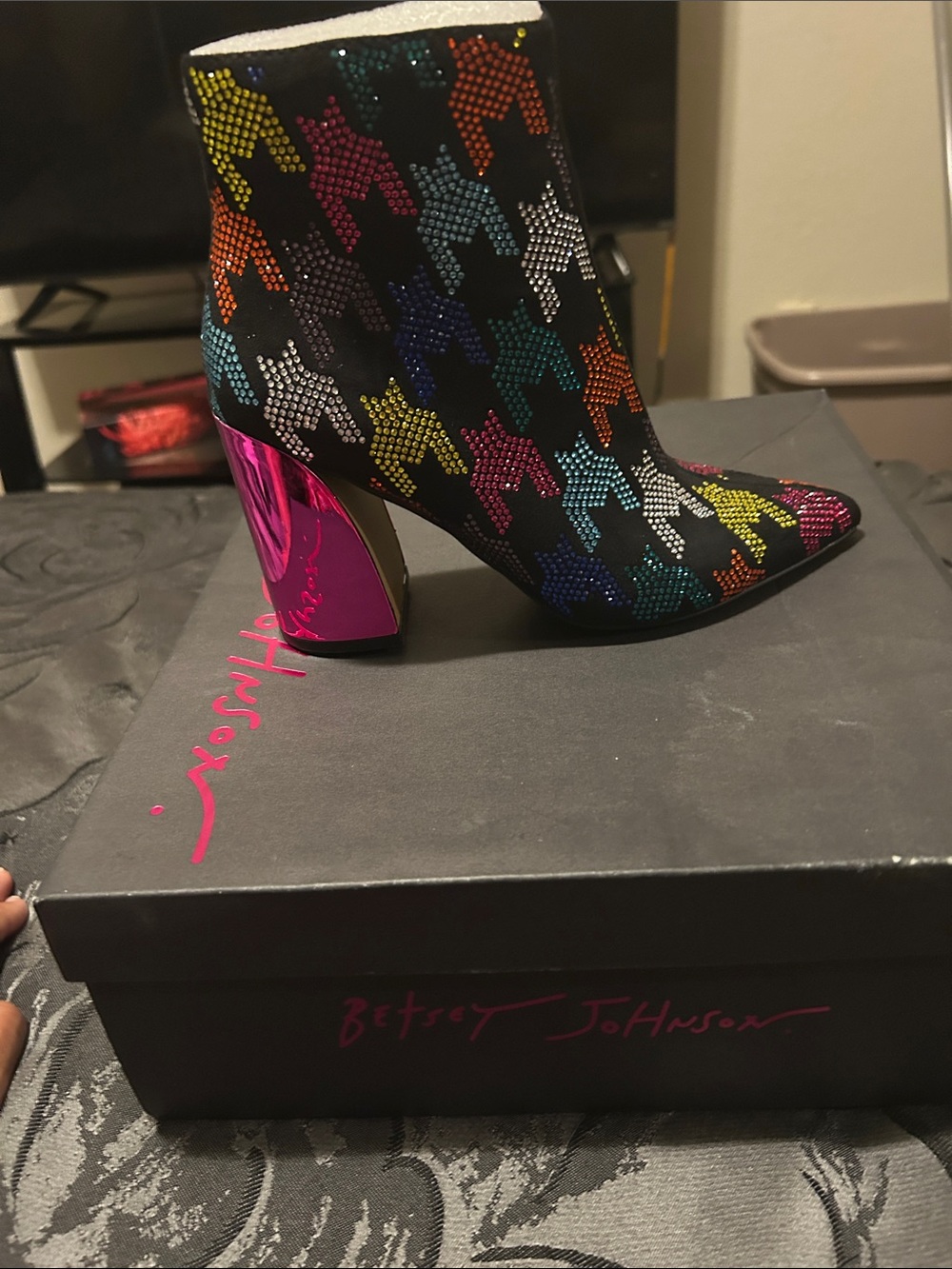 Betsey Johnson Multicolor Crystal Houndstooth Ankle Boot - Black